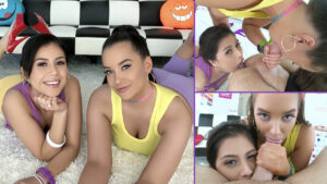 Gia Paige und Penelope Reed lutschen Schwänze und teilen sich einen heißen Cumshot-Kuss
