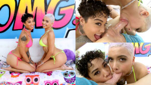 Aaliyah Hadid and Honey Gold suck and swap spit on a huge cock