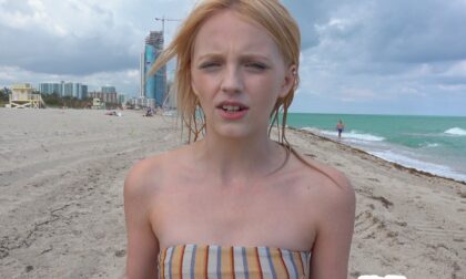 Hot spinner babe Kate Bloom asks a stranger for a ride home then rides his dick in her bald pussy in repayment