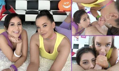 Gia Paige and Penelope Reed suck cock and share a hot cumshot kiss
