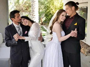 Hazel and Jazmin get fucked hard doggystyle and filled with creampies by multiple dudes before their wedding day arrives now