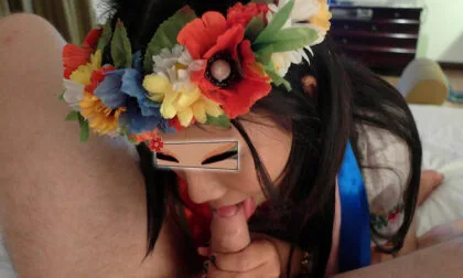 Asian Ukraine resident in costume explored and fed cock